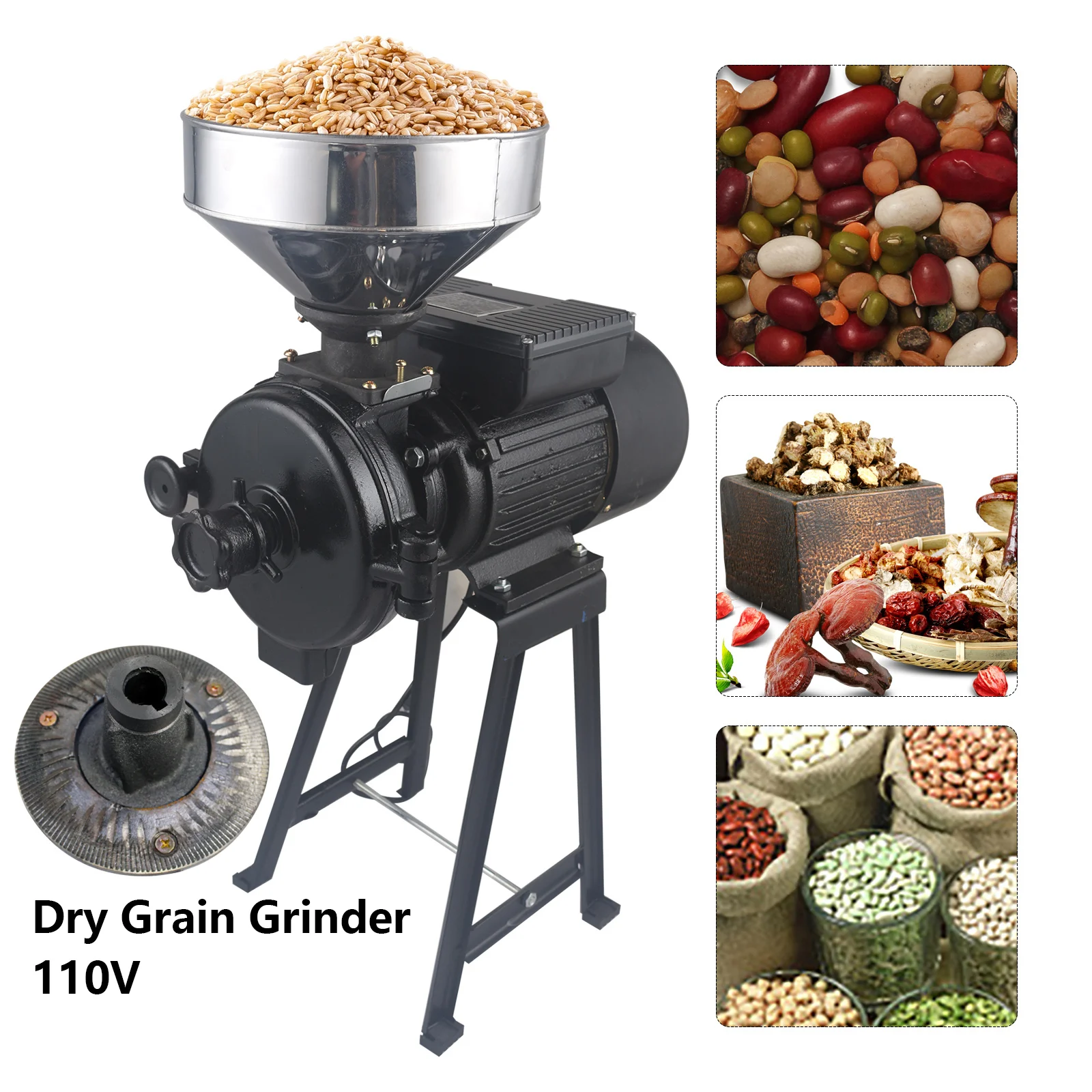 110V 2200W Electric Mill Grinder Heavy Duty Commercial Grain Grinder  Machine Dry Feed Flour Mills for Cereals Rice Corn Wheat Grain Wheat with  Funnel