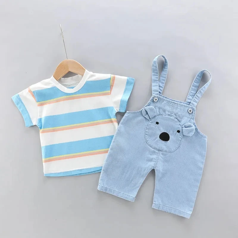 Baby clothes boys and girls 0-4 years old summer short-sleeved overalls set cotton cartoon cute overalls baby two-piece suit baby knitted clothing set