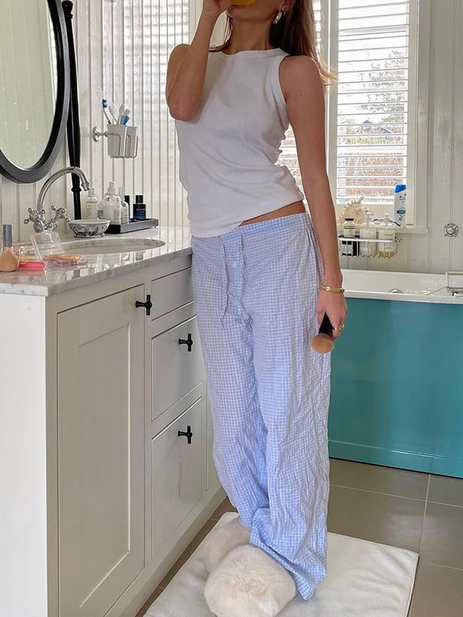 

Women s Y2K Plaid Lounge Pants Baggy Wide Leg Drawstring Elastic Waist Straight Long Pants with Pockets Streetwear