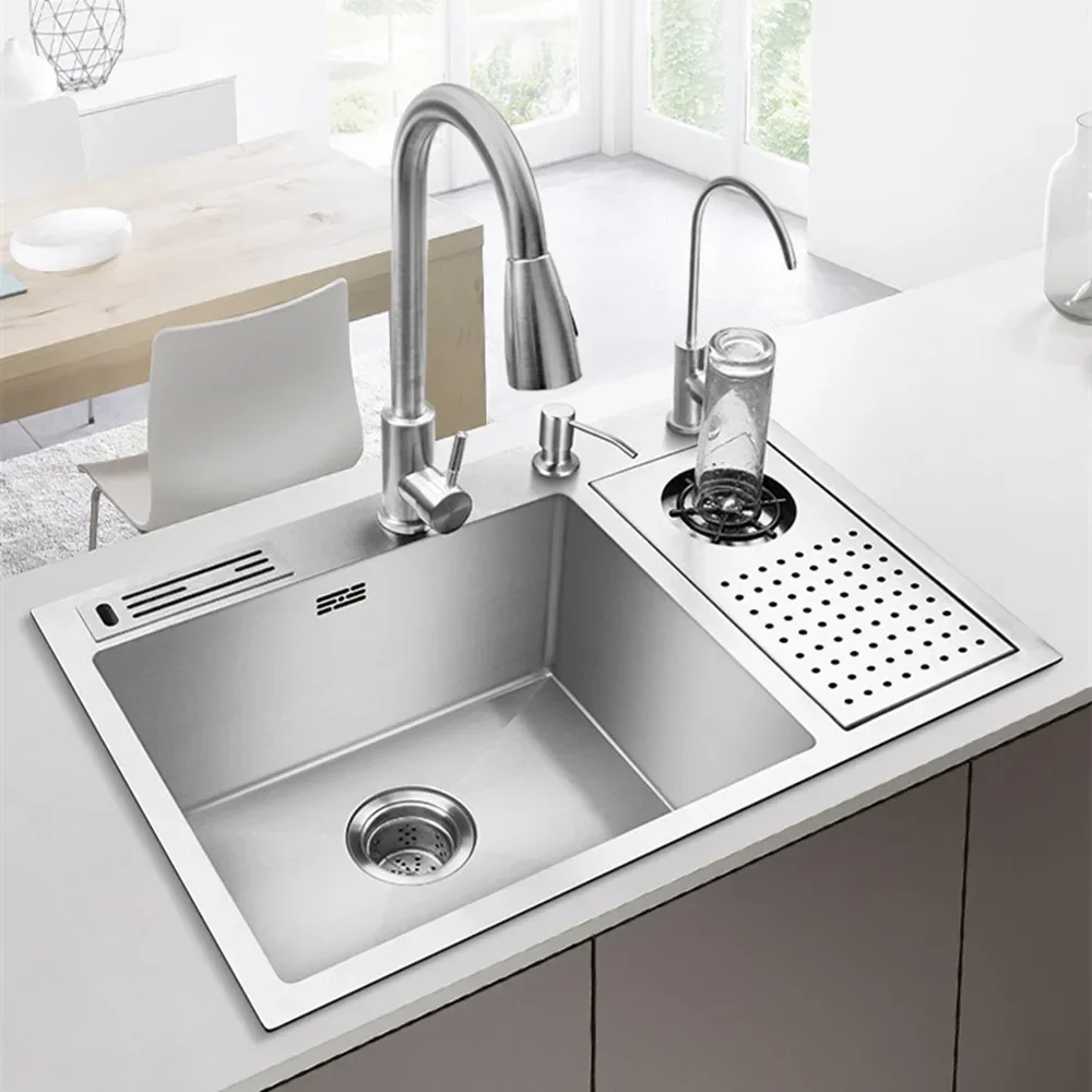 Nano Kitchen Sink 304 Stainless Steel High-Pressure Cup Washer Sink Knife Holder Large Single-Slot Household Cleaning Countertop 6