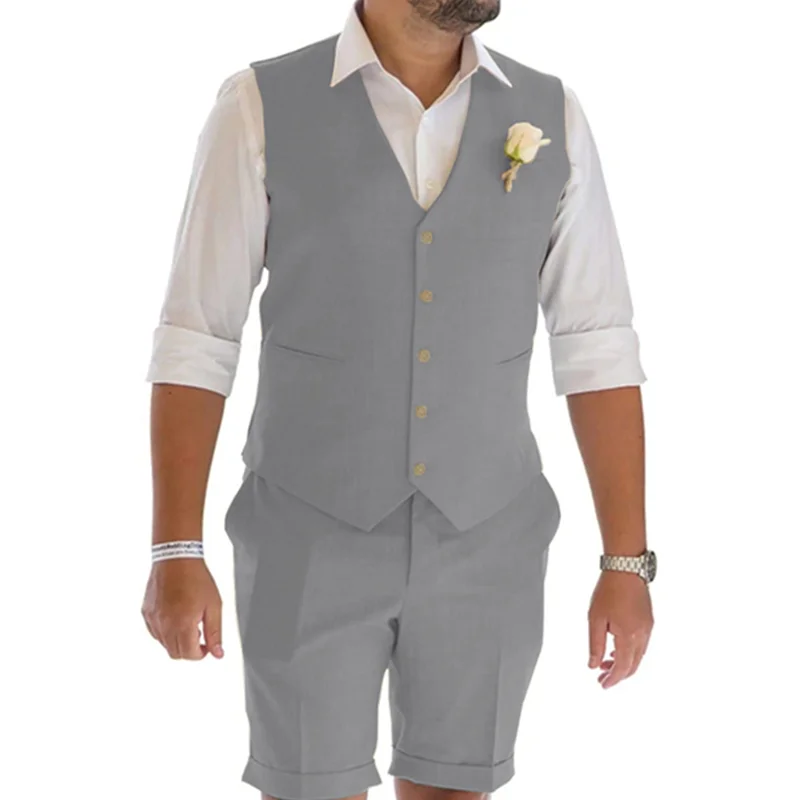 

Summer Suit for Men Linen 2 Piece V-Neck Vest with Shorts Beach Wedding Groom Best Man Dress Big And Tall Custom Made Male Set