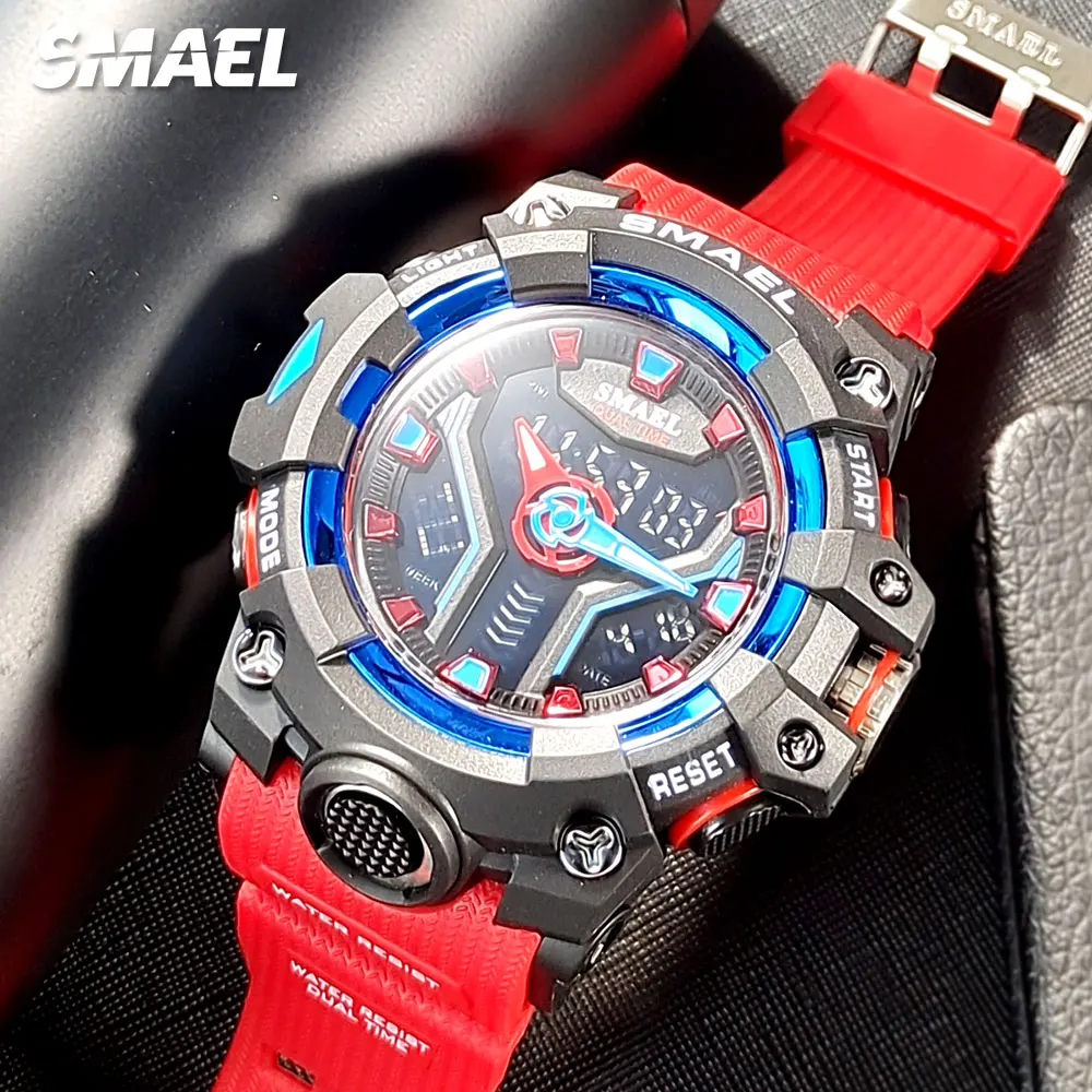 

SMAEL Military Sport Red Quartz Watch for Men Waterproof Dual Time Digital Wristwatch with Chronograph Auto Date Week 8075