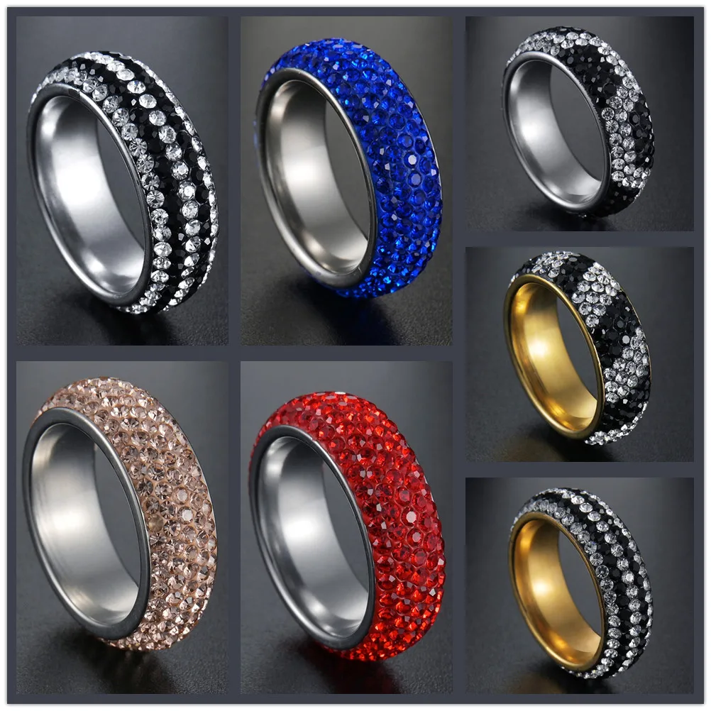 316L Stainless Steel Rings for Women Full Size 5 Row Clear Red Blue Black Crystal Engagement Wedding Ring Jewelry wedding rings finger rings engagement rings crystal rings stainless steel rings