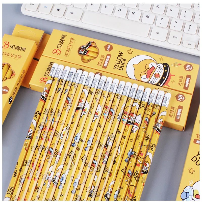 10Pcs/Set Cute Cartoon Yellow Duck HB Pencil Sketching Drawing Hexagonal Pencil Office School Suppiles Kawaii Stationery Gift 6