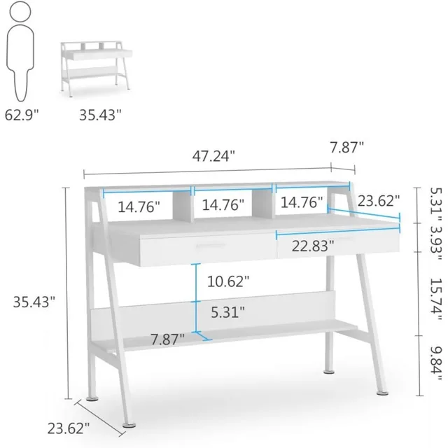 Computer Desk with Storage Shelf & Drawers, Modern 47 inch Office Writing Desk Study Table with Monitor Stand Riser 3