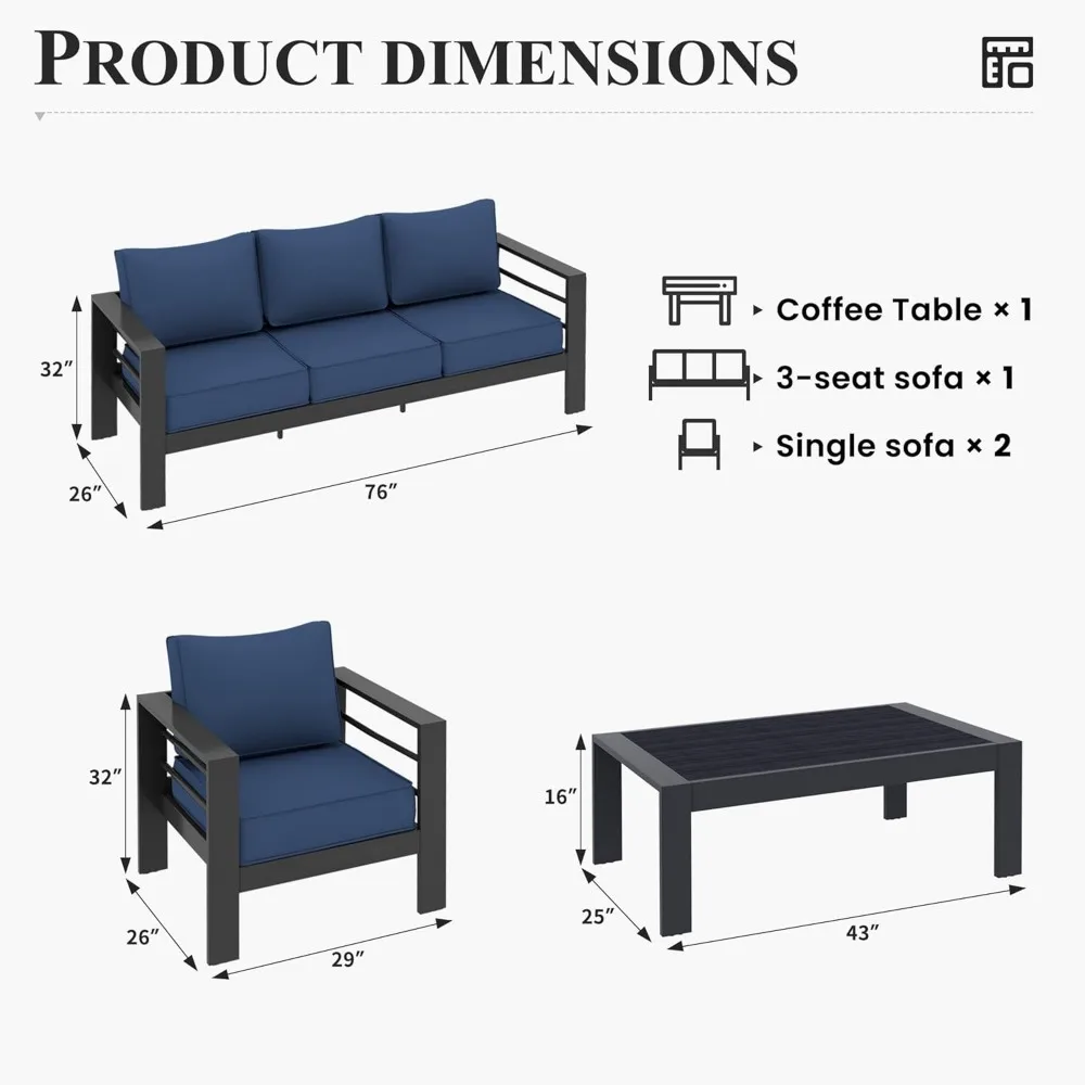 Aluminum Patio Furniture Set, 6 Piece Metal Outdoor Furniture Set with Waterproof Covers for Backyard Garden