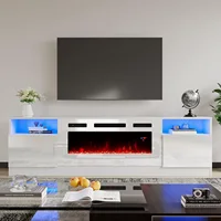 LED Light Entertainment Center w/36" Electric Fireplace, 70" Modern Wood Entertainment Stand w/ Highlight Storage Cabinet ,White 1