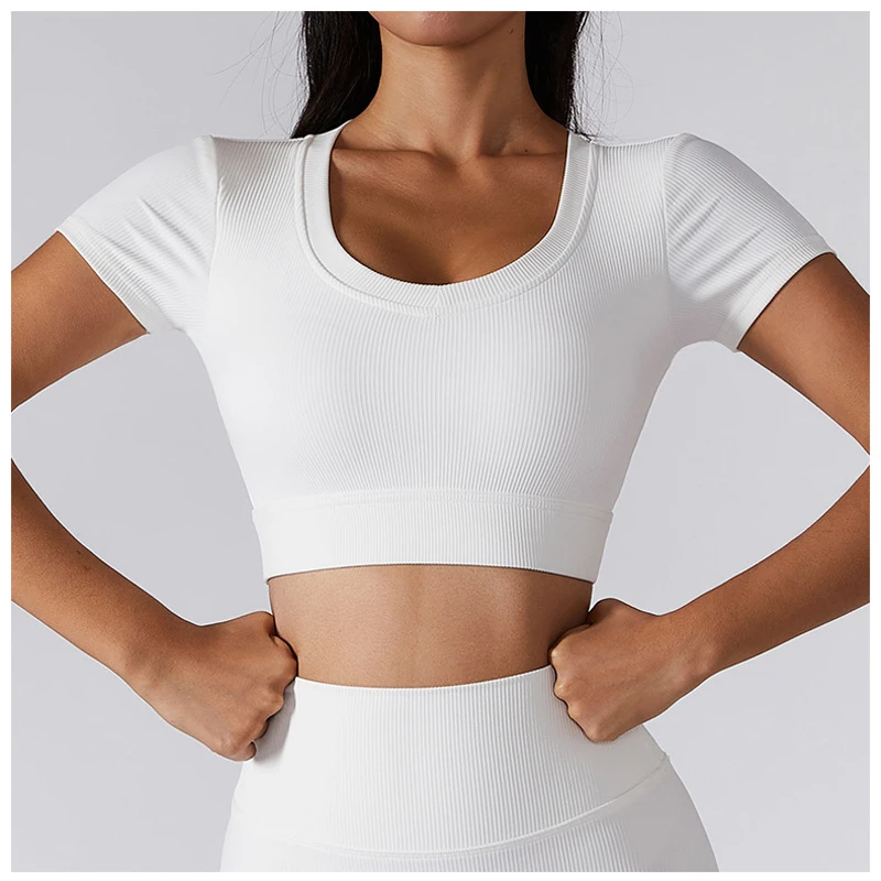 Women's Seamless Tops Short Sleeve Deep V Neck Yoga Shirts Fitness Crop Top Sportswear Gym Clothes