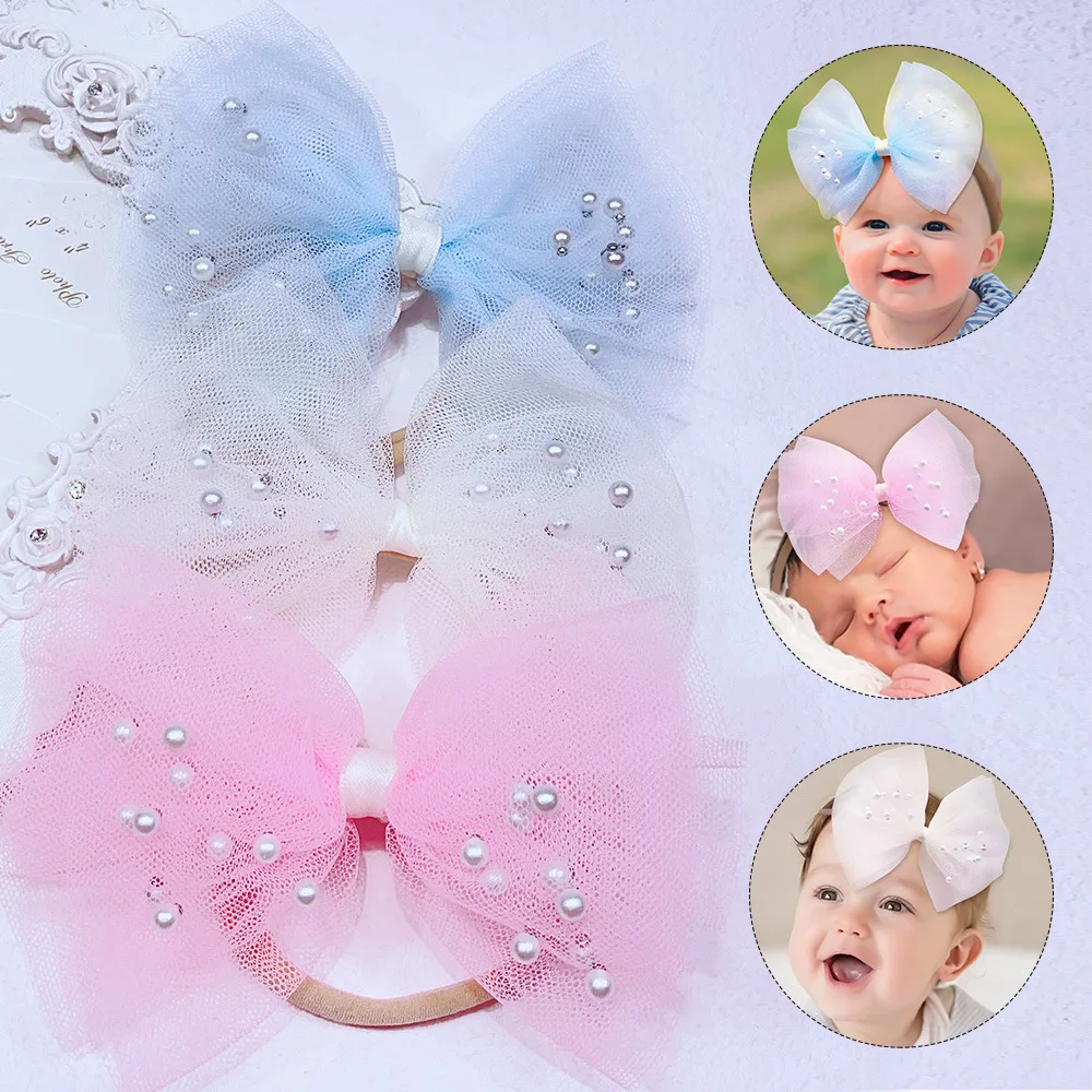 

24pc/lot Lace Bow Baby Headband Pearl Nylon Headband Kid Gilr Elastic Hairbands Infant Girls Pearl Hair Bow Baby Nylon Headbands