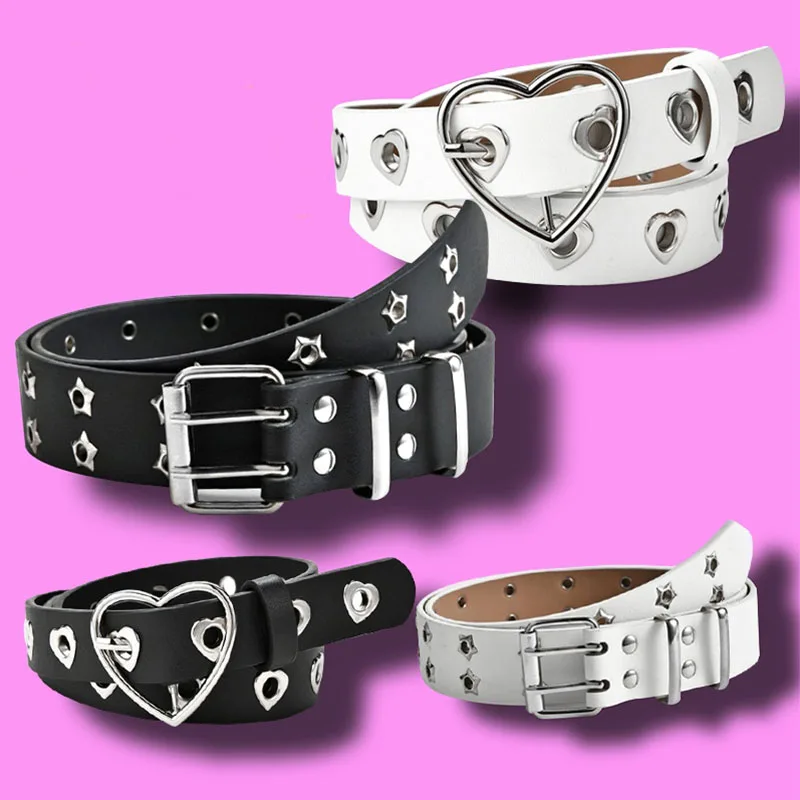 Y2k Star Eye Rivet Belt Double Pin Buckle Man Woman Casual Gothic Puck Pu Leather Waistband For Jeans Young Girl