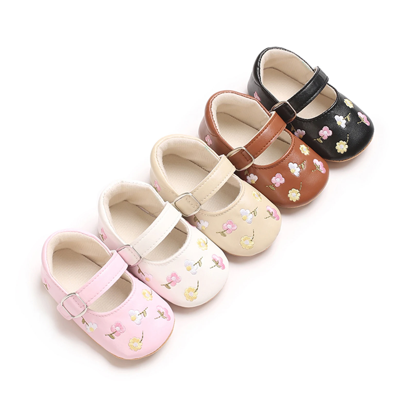 FOCUSNORM 0-18M Lovely Baby Girls Mary Jane Flats Shoes Flower Embroidered Non-Slip Newborn Crib Shoes
