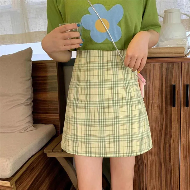 leather skirt 2022 Summer New Sexy Short Skirt Women Retro Bag Hip High-Waisted Skirt Lined Plaid A-Line Skirts School Girls jean skirt