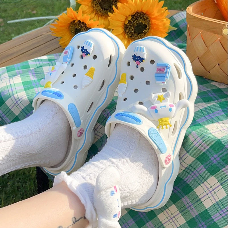 Kawaii Lolita Sanrio Hello Kitty Cave Shoes Women's Summer Sandals With Thick Heels Kuromi Cinnamoroll Casual Slippers Female