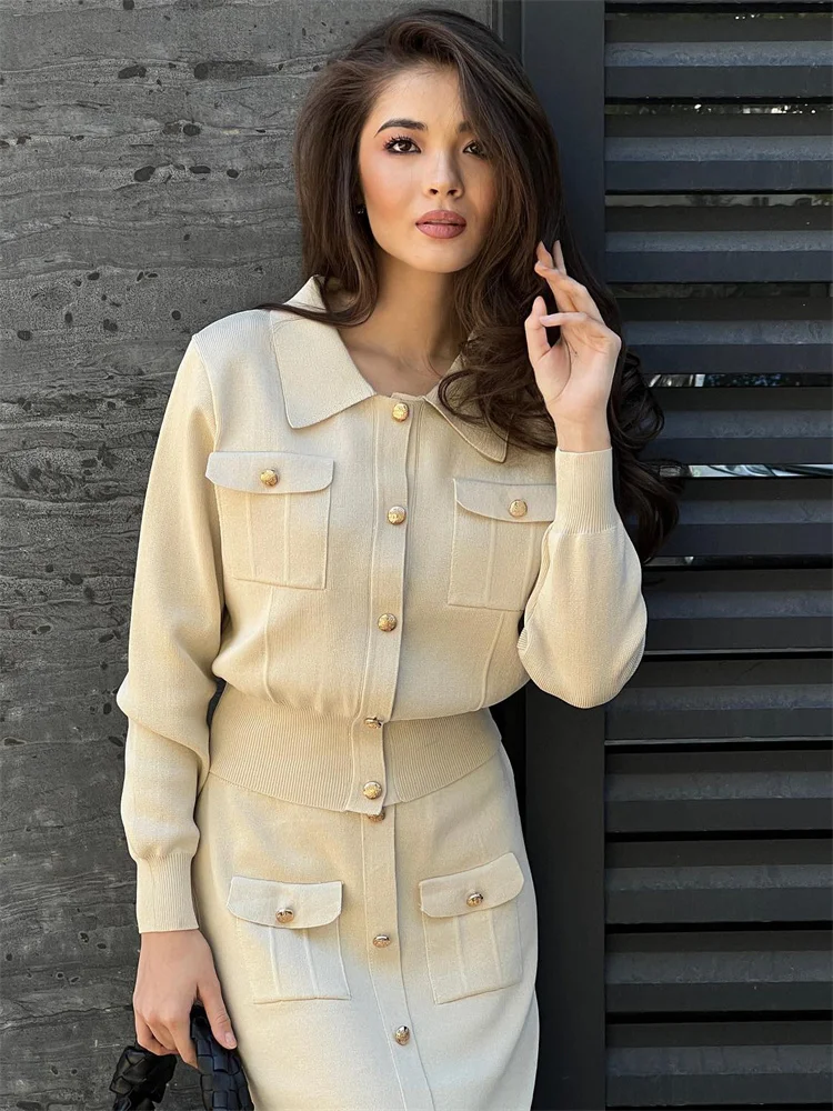 Conjunto de 2 piezas de punto con solapa y falda larga para mujer, moda de retazos, conjuntos ajustados de cintura alta, ropa de calle, conjuntos de falda larga de otoño para mujer