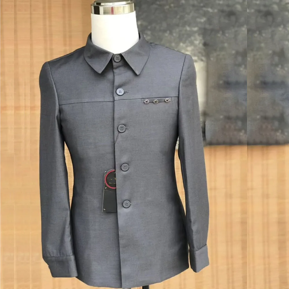 Slim Fit Gray Men Suits Single Breasted Stand Lapel Skinny 2 Piece Jacket Pants Outfits High Quality Business Male Clothing