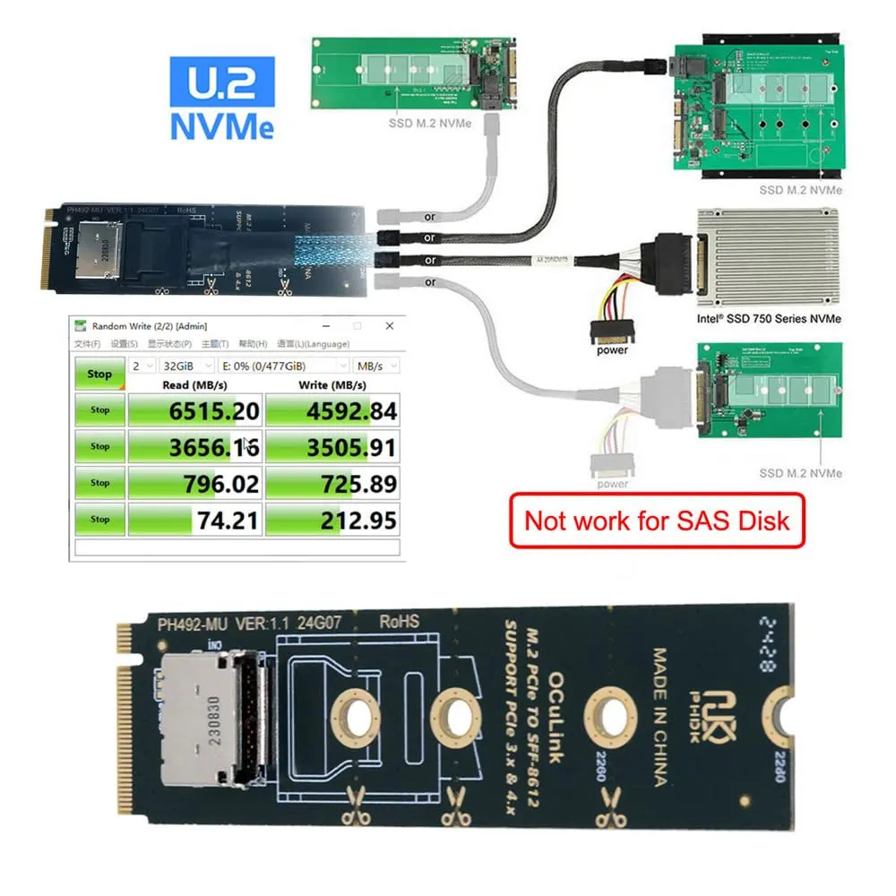 SFF-8612 to PCI-E 4.0 NVME M.2 M-Key Oculink Host Adapter Support 2230/2242/2280 SFF-8612 U.2 SSD & eGPU