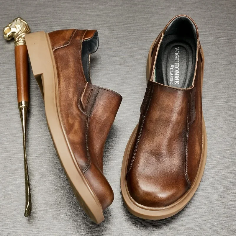 

Vintage Mens Business Loafers Luxury Genuine Leather Autumn Designer Fashion Quality Round Toe Casual Work Social Shoes for Male