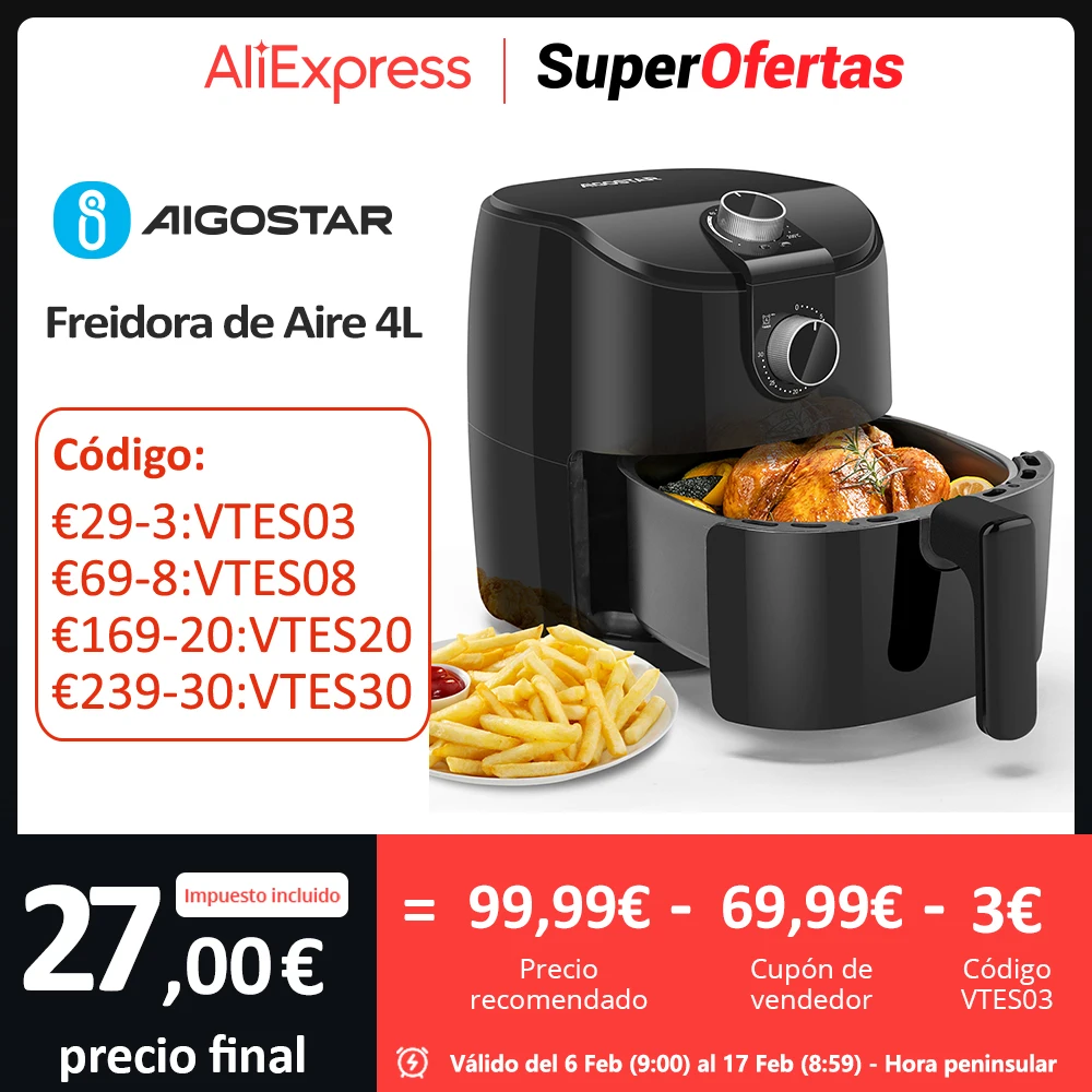 Freidora de Aire 4L, Freidora Sin Aceite 1500W, con Circulación de Aire Rápido, Temporizador de 30 Minutos, Temperatura Ajustable 80-200℃, Menos Aceite y Sin Humo, Libre de BPA