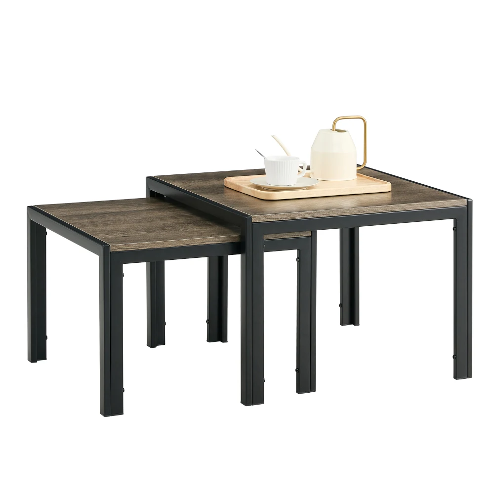 Nesting Coffee Table Set of 2, Square Modern Stacking Table with Wood Finish for Living Room, Oak Grey 4