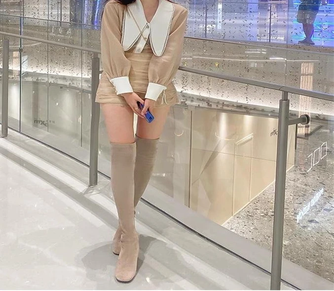 High heeled knee length boots, winter plush elastic boots, khaki thick heeled women's spring and autumn long sleeves