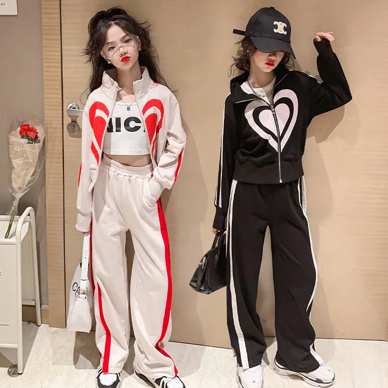 

Teenage Girls Clothing Set New Autumn Spring Heart Jacket + Sweatpants 2Pcs Children Sports Costume Outfits For Kids Tracksuits