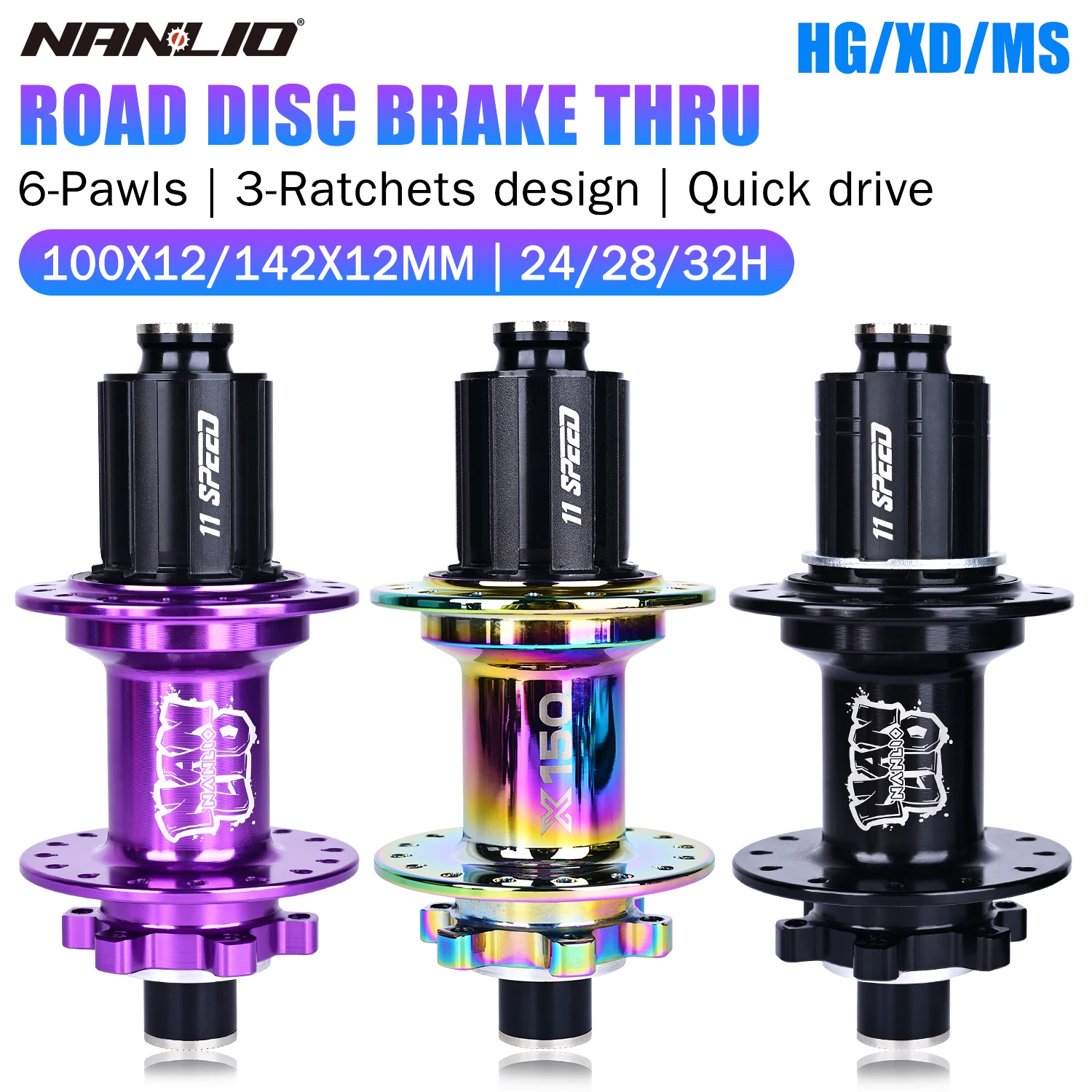 NANLIO Road Bicycle Hubs X150, 6 Pawl 150 Click Freehub 100x12mm Front 142x12mm Rear Thru Axle 24 28 32 36 Holes - Image 6