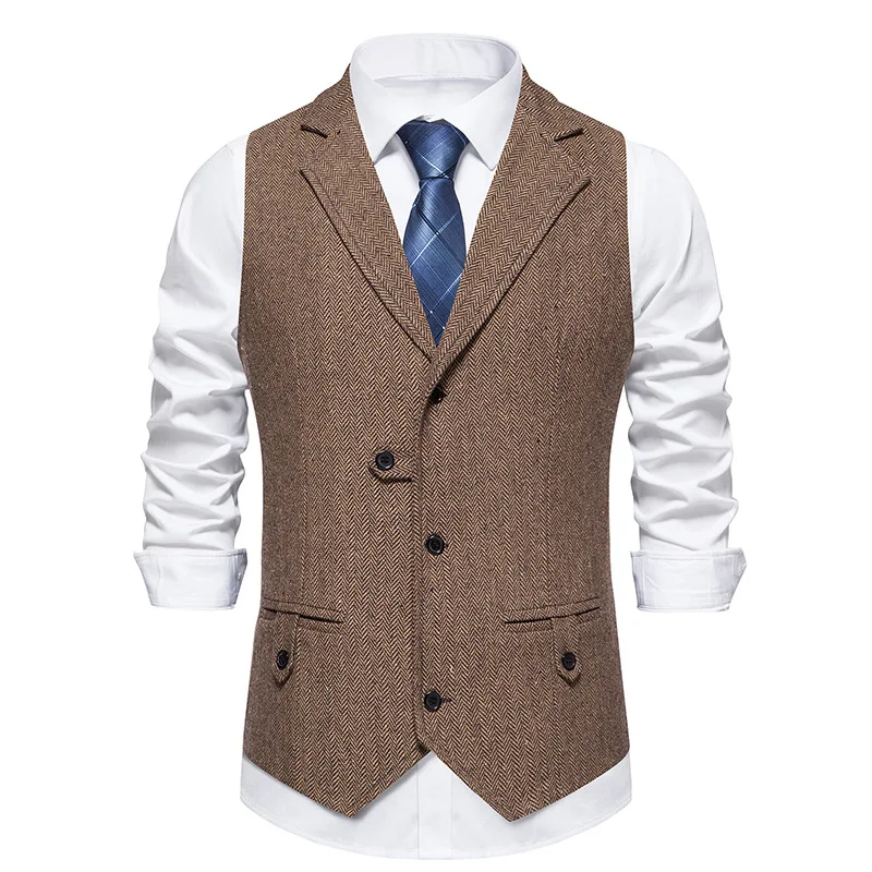 Dress Vests New Suit Vest for Men Herringbone Tweed Suit Vest Business Formal Dress Vests Slim Fit Tailored Collar Waistcoat