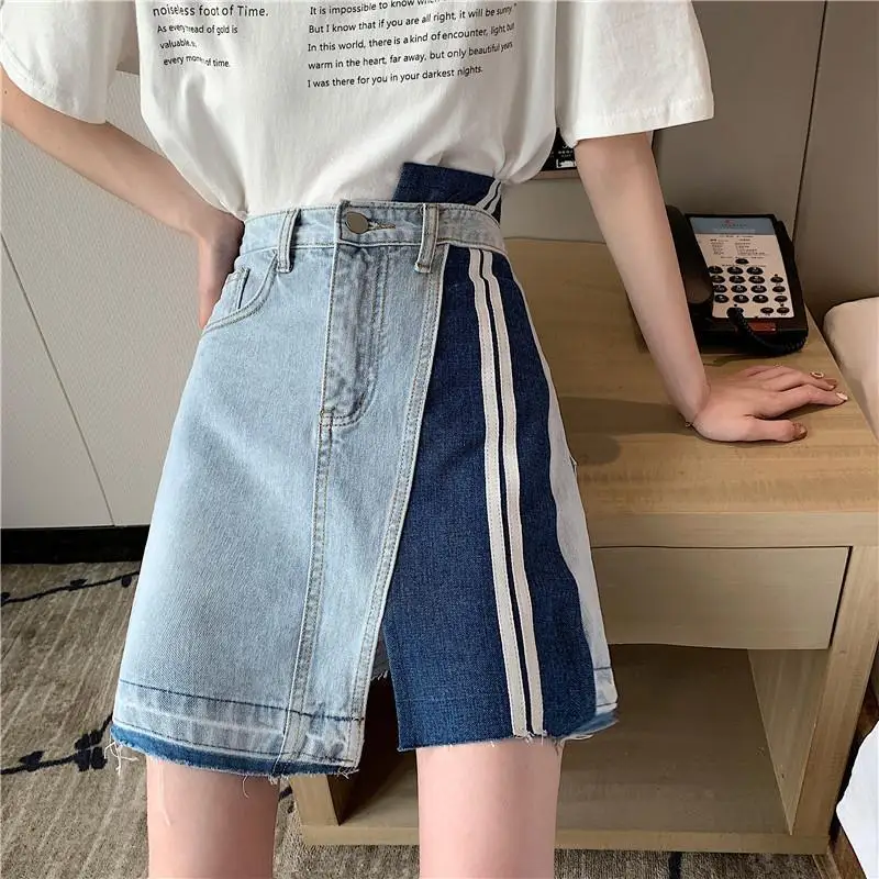 nike skirt 2020 New A-Line Mini Skirts High Street Hit Color Patchwork Denim Skirt Korean Harajuku Preppy Style Streetwear Faldas Mujer green skirt Skirts