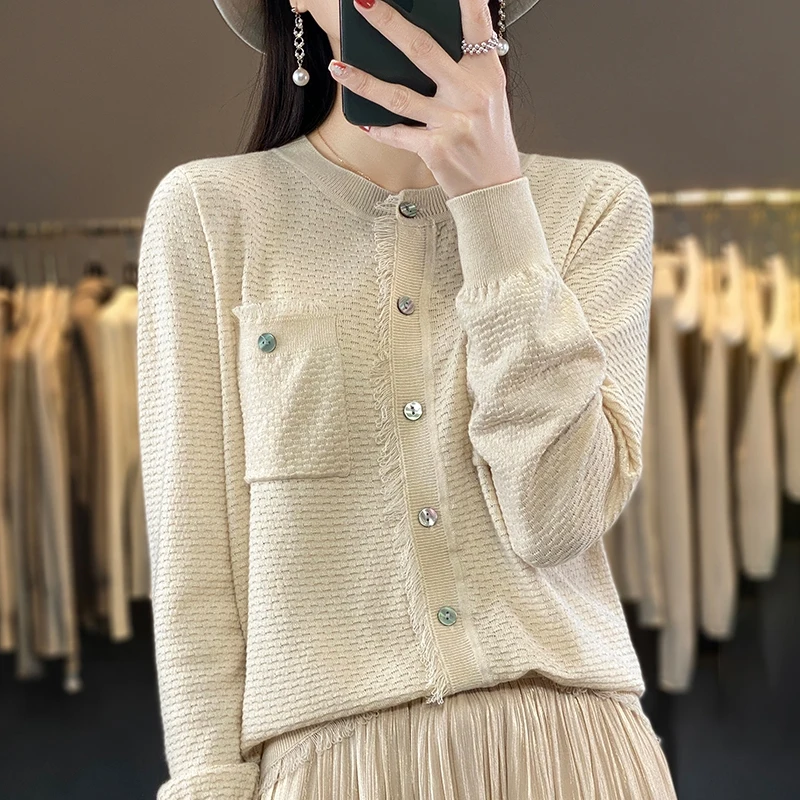 

Spring Wool Cardigan Sweater Women O-neck Long Sleeve Top Korean Style New In Outerwears Mujer Knitwear Pockets Tassel Clothe