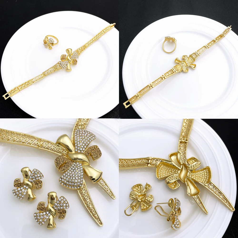Italy New Design Ladies Gold Color Jewelry African Fashion Necklace Ring Bracelet Set Dubai Bowknot Shape Jewelry Set