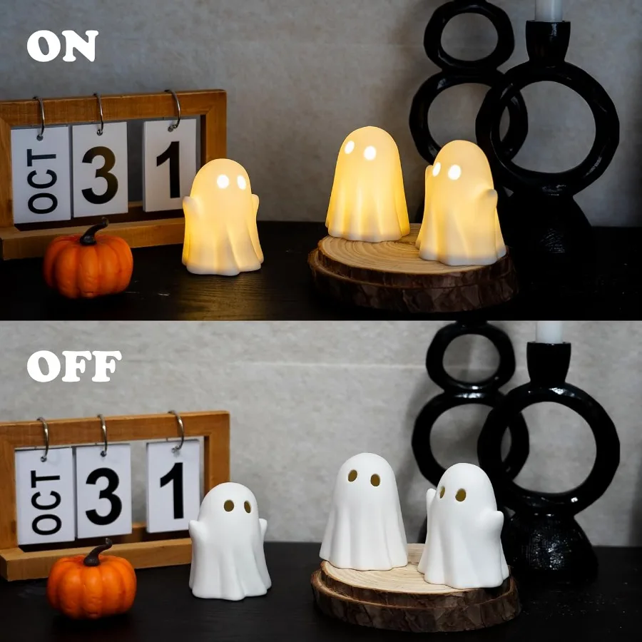 3 Pack Cute Ghost Light Up Halloween Decor LED White Ceramic Spooky Flameless Lanterns for Fall Halloween Party Decoration Idea