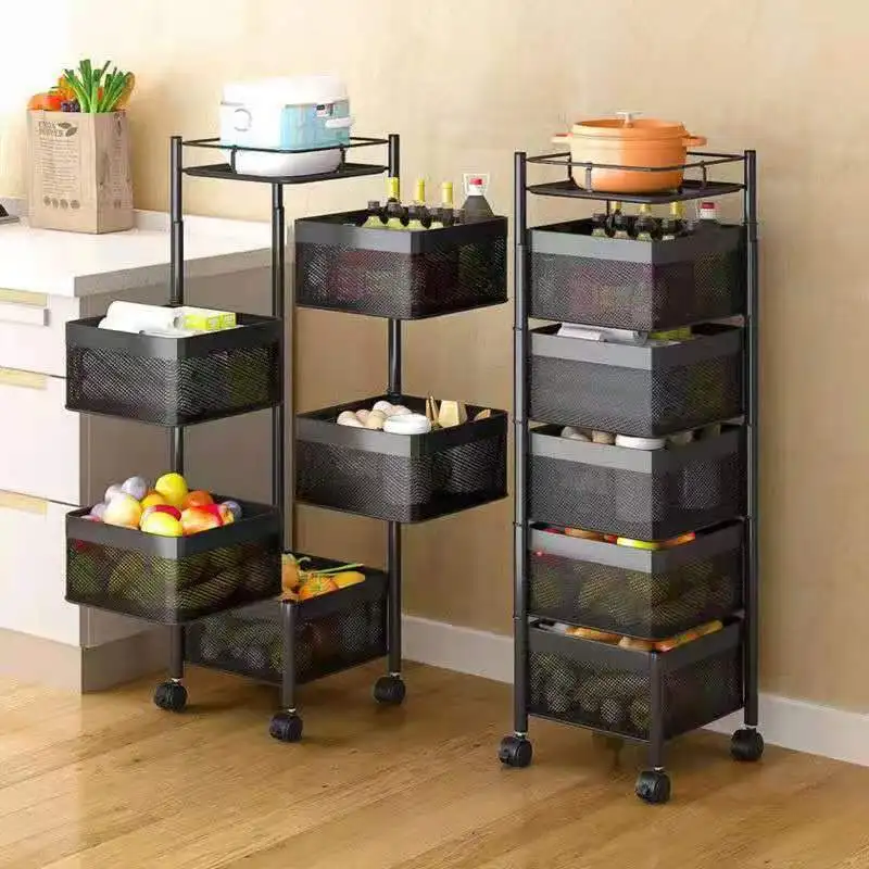 Kitchen Storage Rack with Wheels Round Standing Rack for Livingroom  Rotating Organizer Household Storage Shelf Black 5F