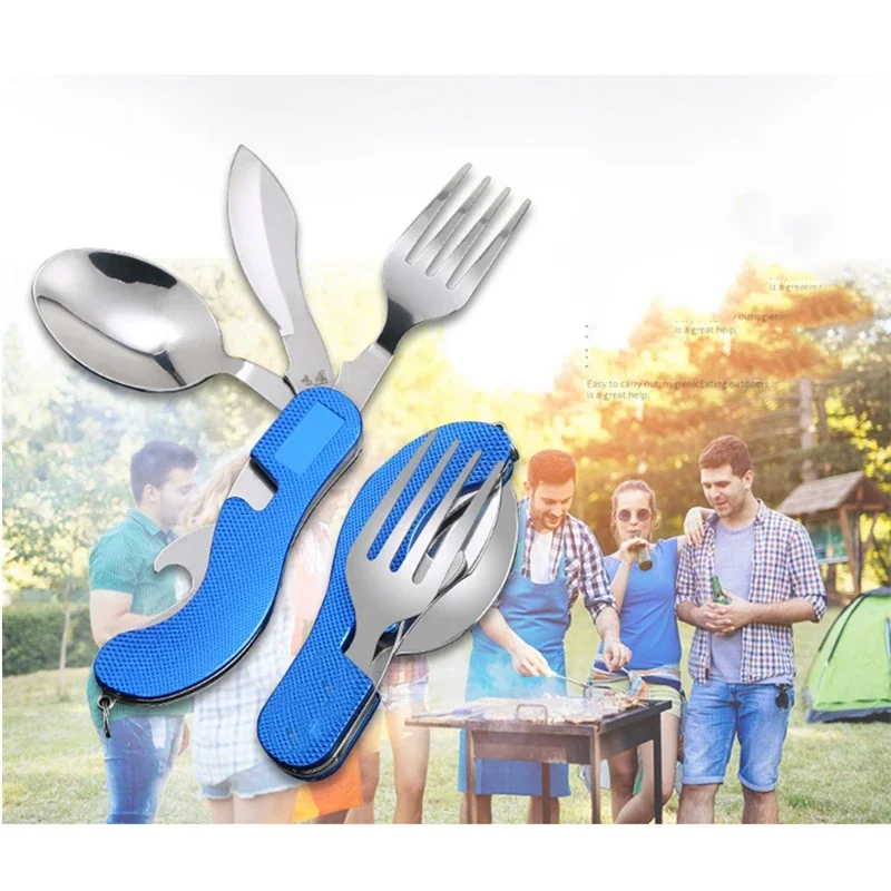 Tablespoon Set 4 In 1 Foldable Spoon Knife fork bottle opener Stainless Steel Folding Pocket Kits Outdoor Tableware Set cutlery set