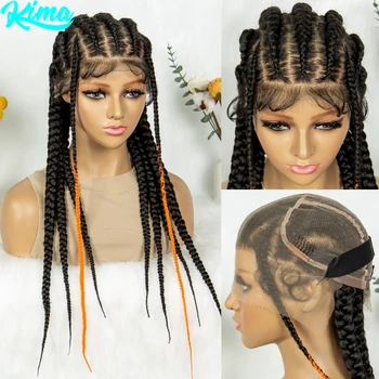 24" Synthetic Full Lace Braided Wigs Cornrow Braids Lace Wig Natural with Orange Boho Braideds Straight Hair Wig for Black Women