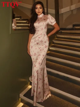 TTQV Fashion Slim Print Women's Dress 2026 Summer Stand Collar Short Sleeve Maxi Dresses Elegant Classic Female Dress Streetwear