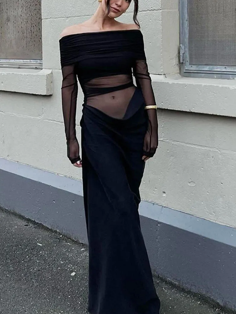 See-through Mesh Patchwork Long Dress Women's Sexy One Shoulder Party Dress Solid Color Hollow Long Sleeve Long Dress