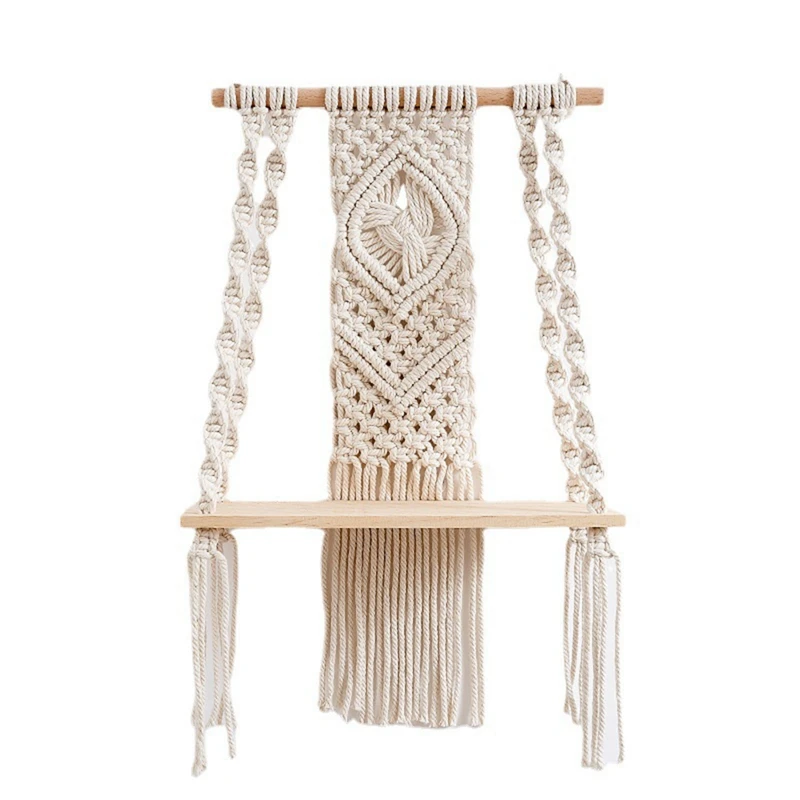 

Настенная подвесная полка макраме в стиле бохо, хлопковая веревка, Плетеный гобелен, вешалка для растений, деревянная полка, Настенный декор