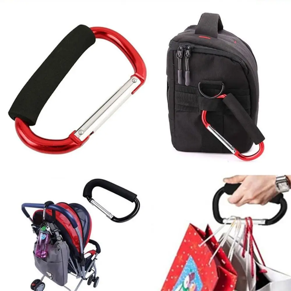 2Pcs Multifunction Baby Stroller Hook D-Ring Aluminum Alloy Carriage Hanger Sponge Handle Soft Grip Shopping Bag Clip Hooks