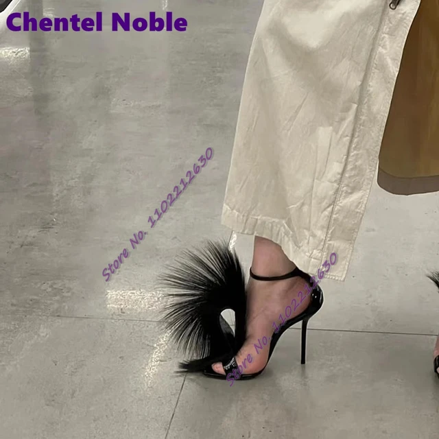 Chicken Feather Chunky Heeled Ankle Strap Sandals | Funky heels, Orange shoes  heels, Fluffy heels