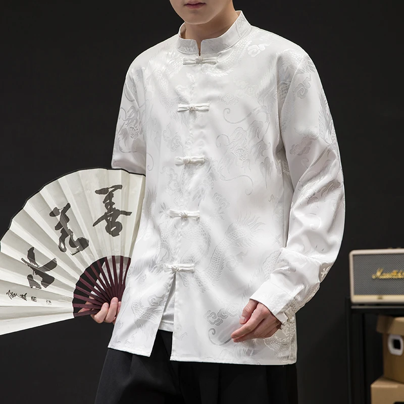 Long Sleeve Shirt Men Casual Shirt Silk Shirt Spring Summer Men's Chinese Shirt Satin Silk Vintage Coat Hanfu Tops Ethnic Style Clothing Tang Collar Shirt