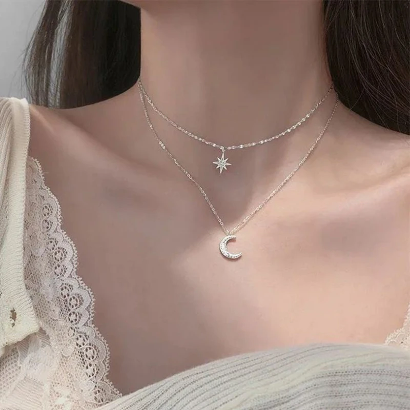 

2023 Simple Double Layer Star Moon Charm Multilayered Necklace Delicate Clavicle Chain Zircon For Women Girl Fashion Jewelry