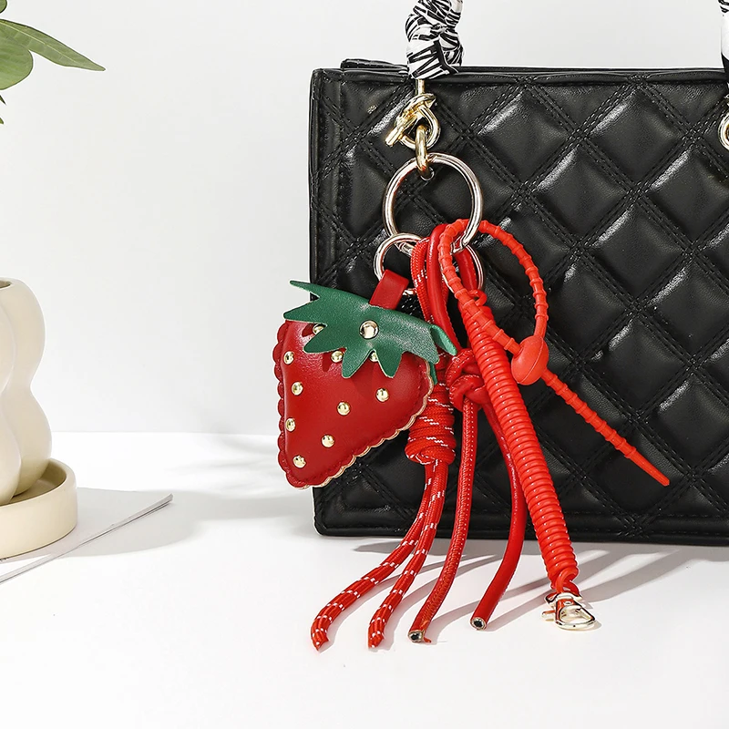Cute Leather Strawberry Bag Pendant Charms Nylon Rope Keychain Aesthetics Backpack Accessories For Women Gift