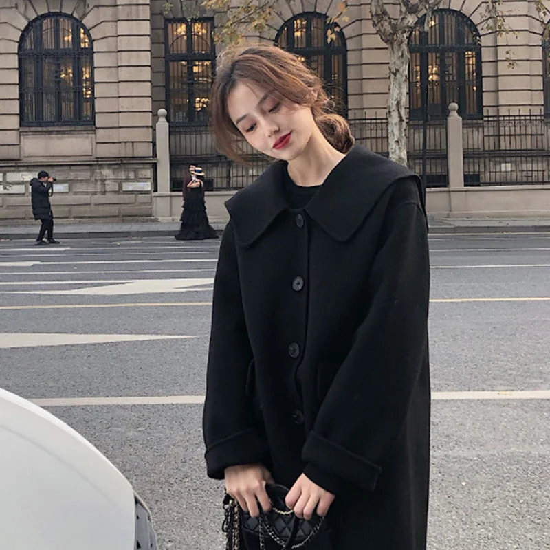 日本向け正規品 女性のウールのコート ウールのコート 女性の秋と冬 ヘップバーンスタイル 長くてファッショナブルな黒のコート 21 特別セール商品 Www Escolasaka Com