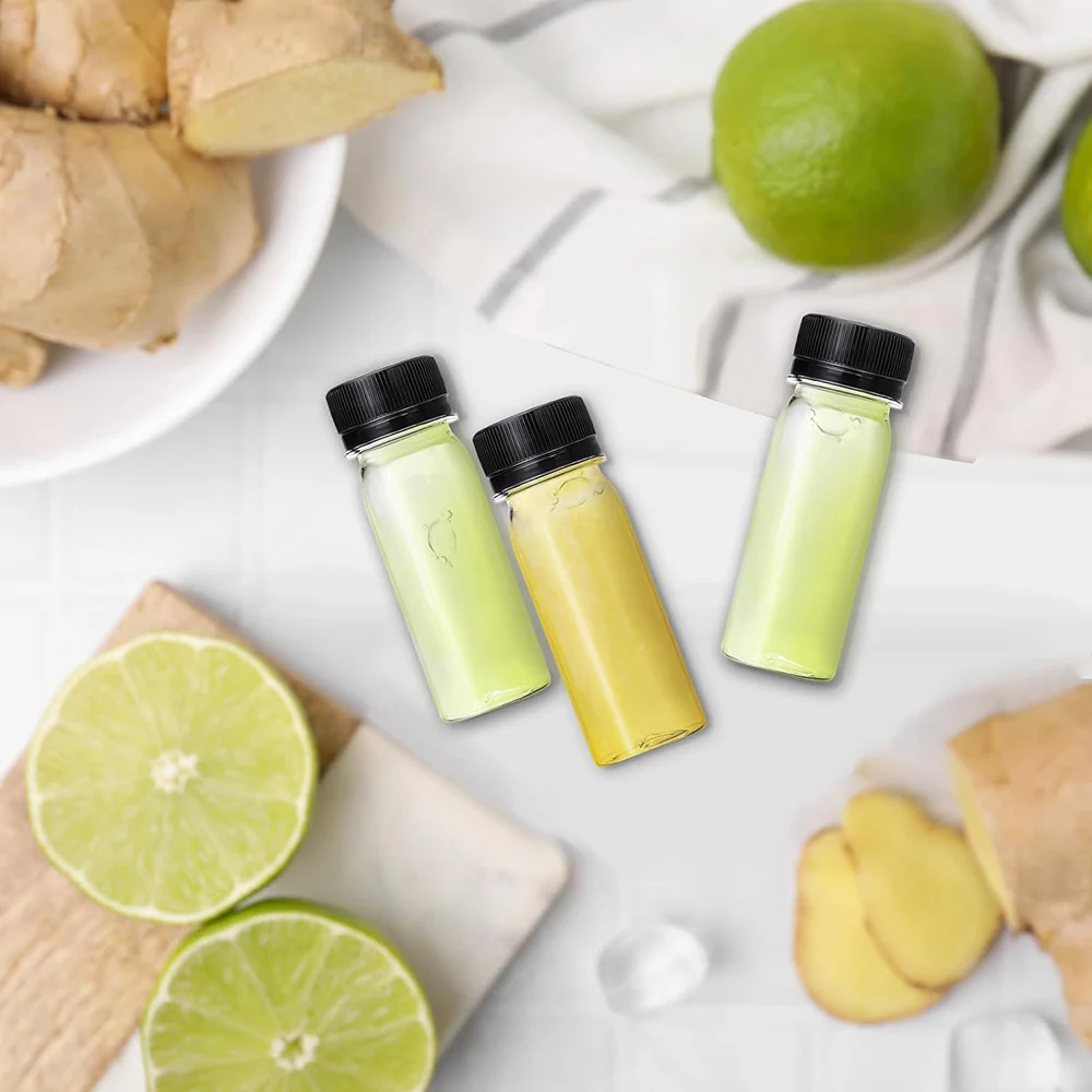 2 oz Small Plastic Bottles for Liquids Ginger Shot Bottle with Lids Reusable Bulk Beverage Containers