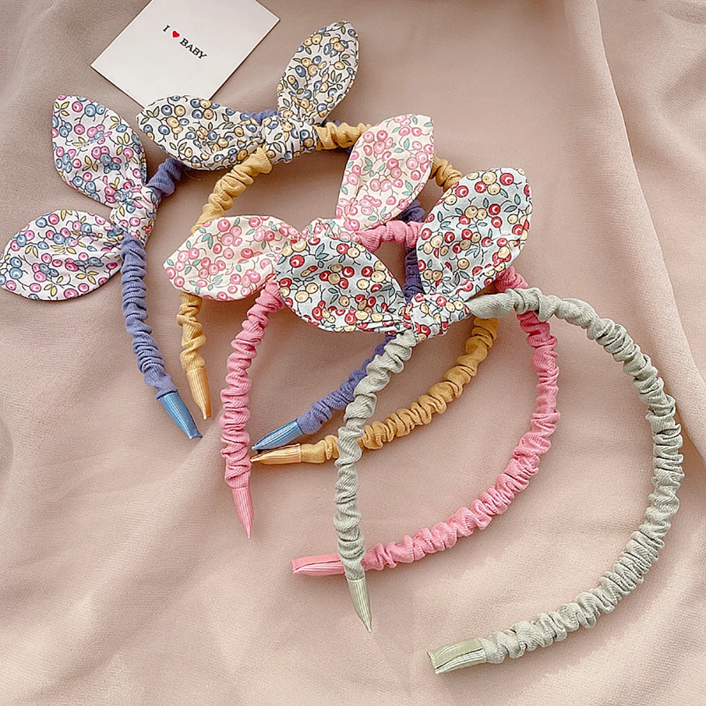 

Cute Rabbit Ears Cloth Girls Hair Hoops Bowknot Headband Flowers Printed Hairband Hair Accessories