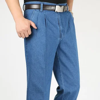 2023 Autumn Double Pleated Men's Thin Jeans Middle-Aged Business Leisure Middle-Aged and Elderly Stretchy Straight-Leg Pants
