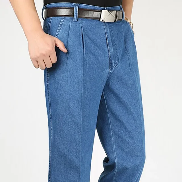 2023 Autumn Double Pleated Men's Thin Jeans Middle-Aged Business Leisure Middle-Aged and Elderly Stretchy Straight-Leg Pants