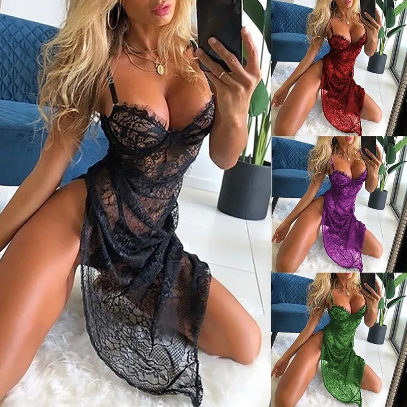 Contrast Lace Ruffle Trim Women Lingerie Set Deep V Slip Dress & Thong Women Lingerie Women Pajamas