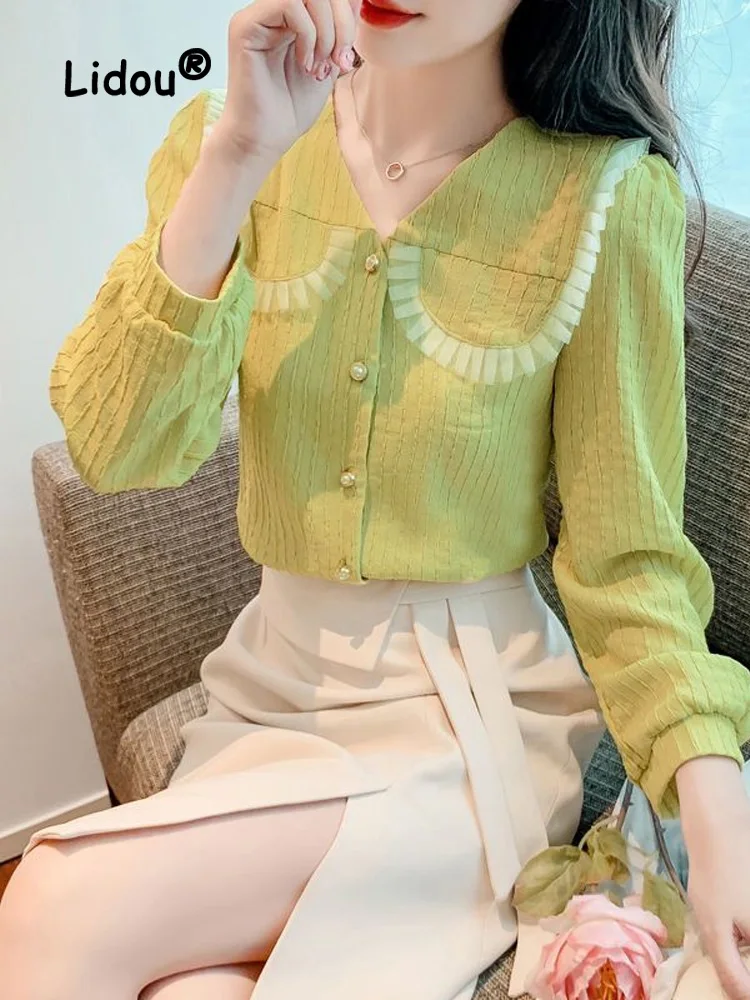 Autumn Personality Ruffles Button Blouse Women New Classic Peter Pan Collar Long Sleeve Temperament Lady Pullover Shirt 2022 blouses ruffles dot pattern bow round neck lacing temperament button office lady fashion casual spring summer women s clothing