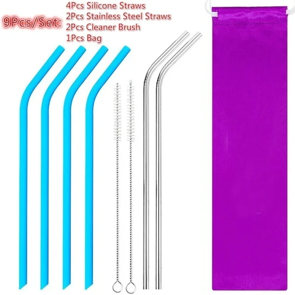 Reusable Silicone and Stainless Steel Straw Set with Cleaner Brush and Bag